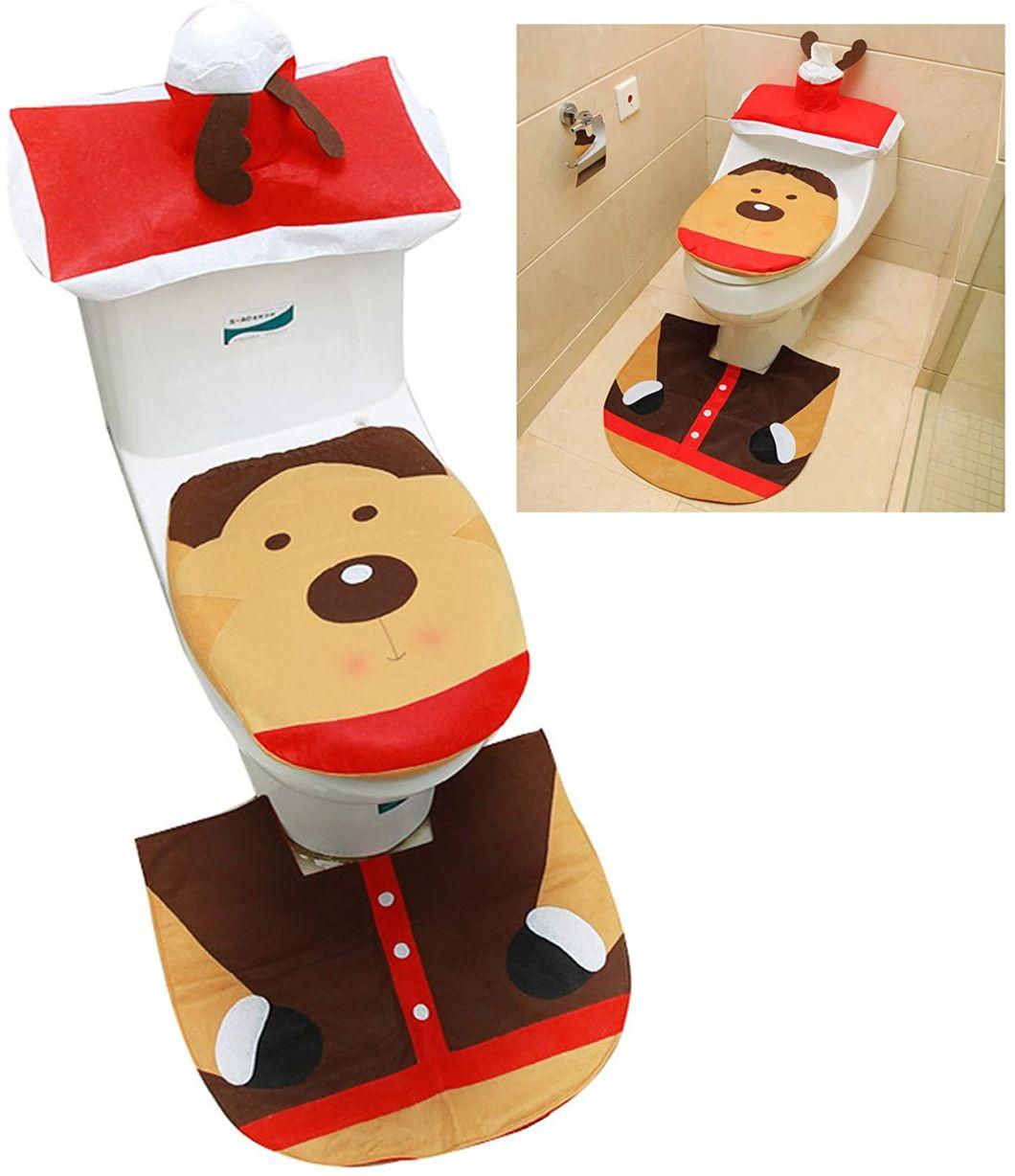 New Christmas Decorations Elf and Elk Toilet Seat Cover and Rug Set Christmas Bathroom Toilet Set