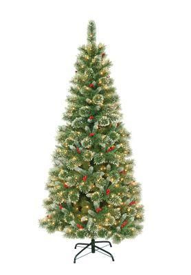 7FT Frosted Green Flowering Pine Needle &amp; PVC Mixed Tips Christmas Tree with Red Berries and LED Lights