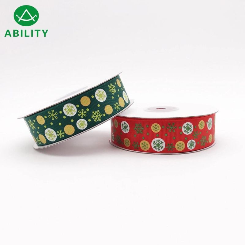 Hot Selling Polyester Snow Printed Chiristmas Grosgrain Ribbon