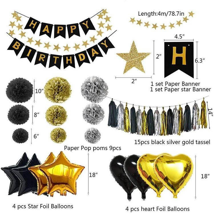 Nicro 13th 16th 18th 21st 30th 40th 50th 60th 70th Black Gold Happy Birthday Party Supplies Decoration Set