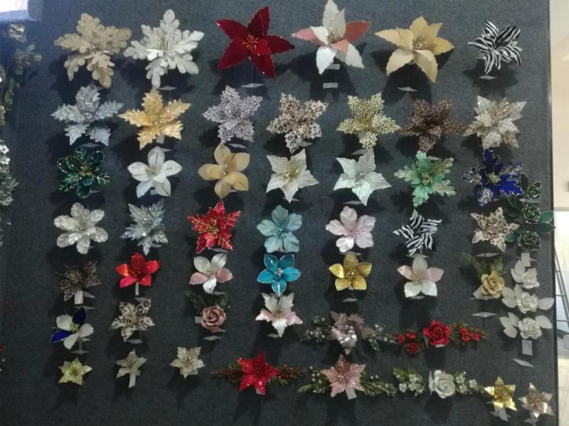 Wholesale Artificial Christmas Flowers with Sequins for Christmas Tree Decoration