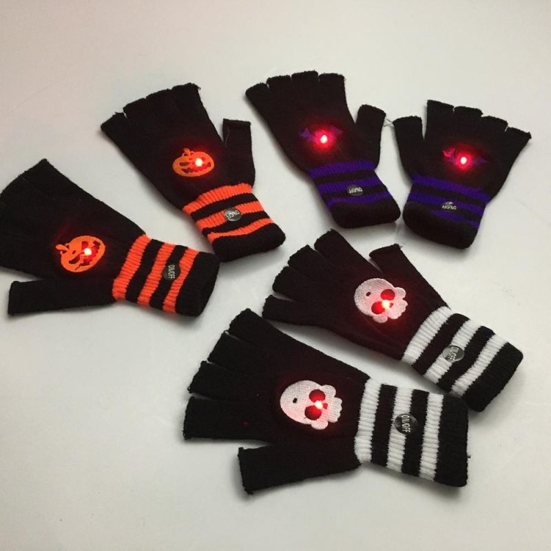 Halloween Knitted Mitten Half Finger Gloves LED