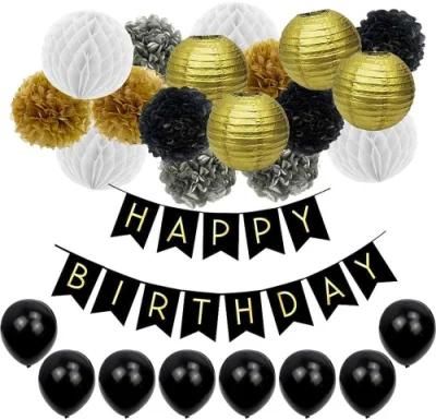 Happy Birthday Flag Banner Gold Paper Lantern Pompom Flowers Gold Black Theme Party Decoration Kit