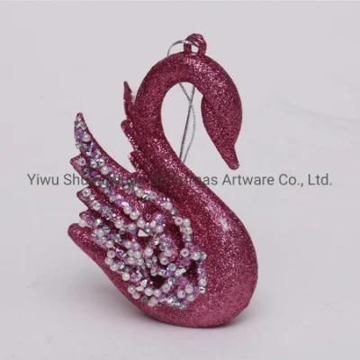 New Coming Coral Red Plastic Glitter Swan Hanging Christmas Tree Ornament