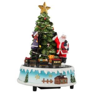 Custom Polyresin LED Musical Rotating Xmas Tree Santa Scene Animated Christmas Music Box with Kid and Train
