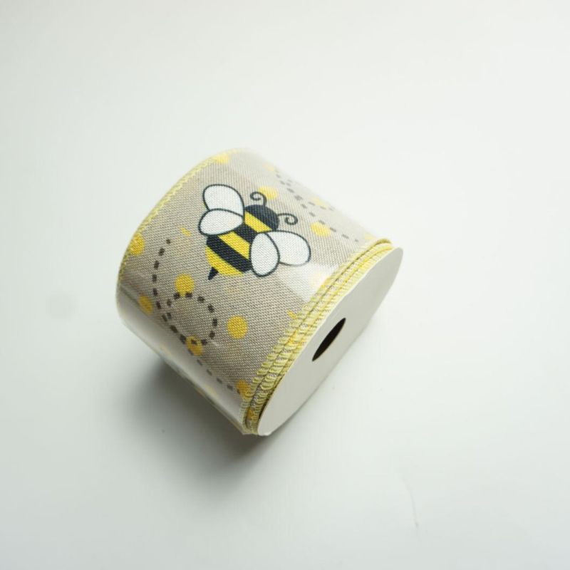 Bee Ribbon Wired Polka DOT Wired Edge Ribbon Bee Vertical Stripe Craft Ribbon Decorative Ribbon for Wrapping, Easter Party Decoration, Hair Bows, Crafting