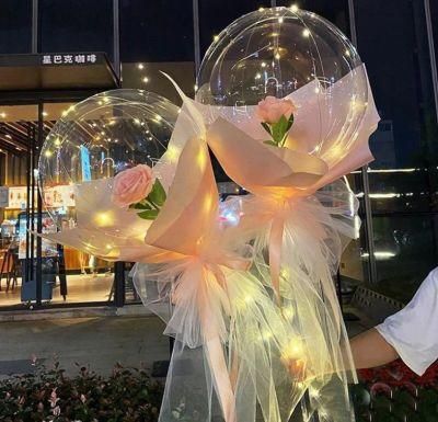 New Hot Sale LED Luminous Balloon Transparent Bobo Balloon Rose Bouquet for Valentines Day Gift