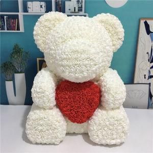 Handmade Big White Rose Bear with a Pink Love Heart - The Best Valentine&prime;s Gift