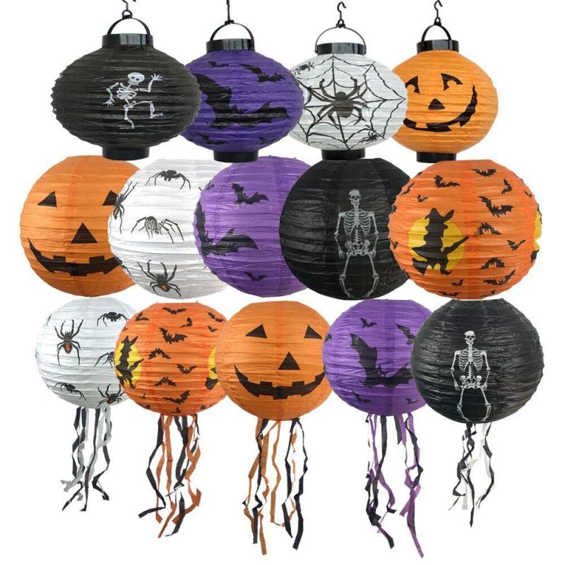 The Factory Wholesale 8inch Orange Black Halloween Pumpkin Paper Jack-O′-Lantern/Lamp Jack-O′-Lantern Paper Lanterns with LED Lights Hang Festive Decorations