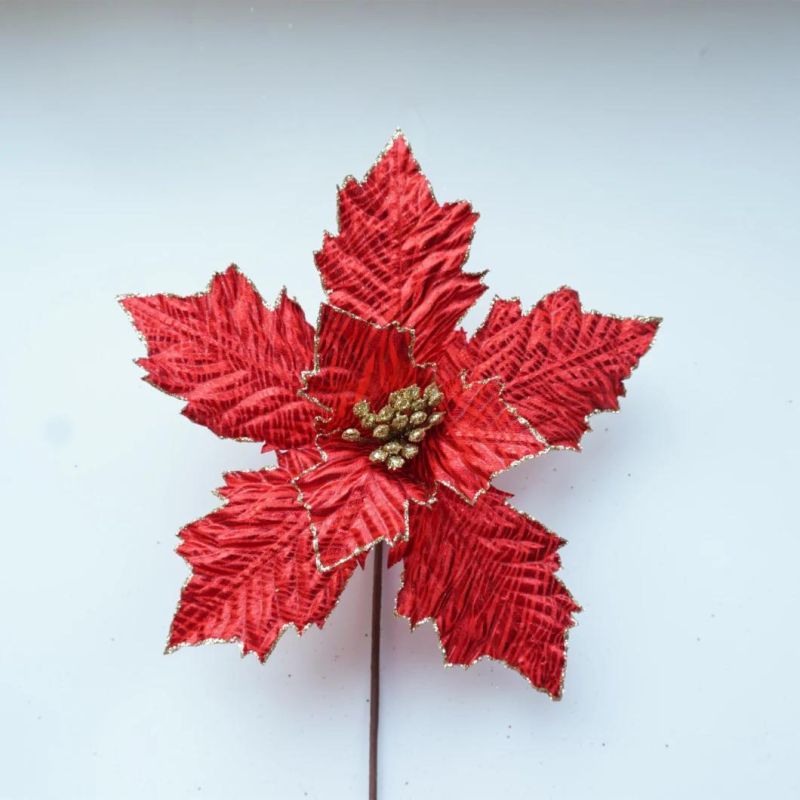 Cheap Wholesale Artificial Glitter Red Christmas Flower Poinsettia for Tree Decoration