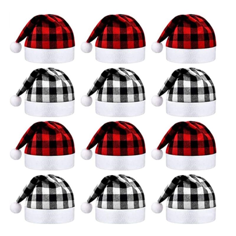 12 Pieces Christmas Santa Hat Xmas Non Woven Fabric Hat Santa Plaid Cap for Xmas Holiday Party (Red Black and Black White)