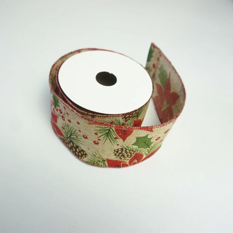 Handmade Design Printed Christmas Ribbon Cotton Ribbon for Sewing Fabric Christmas Decoration DIY Gift Wrapping Poinsettia