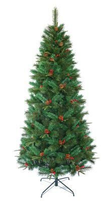 7FT PE, Pine Needle &amp; PVC Mixed Tips Christmas Tree, Pine Cone, Red Berry