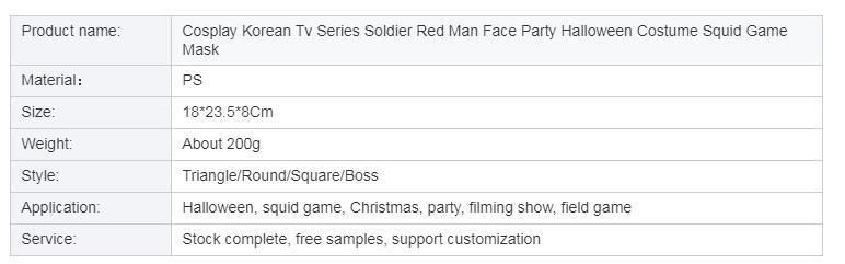 Hot Selling Cosplay Korean TV Series Soldier Red Man Face Party Halloween Costume Squid Game Mask for Wholesale