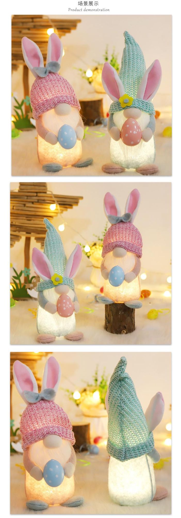 Easter Handmade Decorations with Glowing Lights Faceless Old Man Doll Rabbit Ears Easter Gnome Dolls