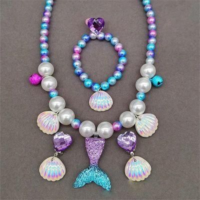 New Children&prime;s Necklace Beauty Fish Tail Girl Baby Ring Earrings Children Jewelry Set