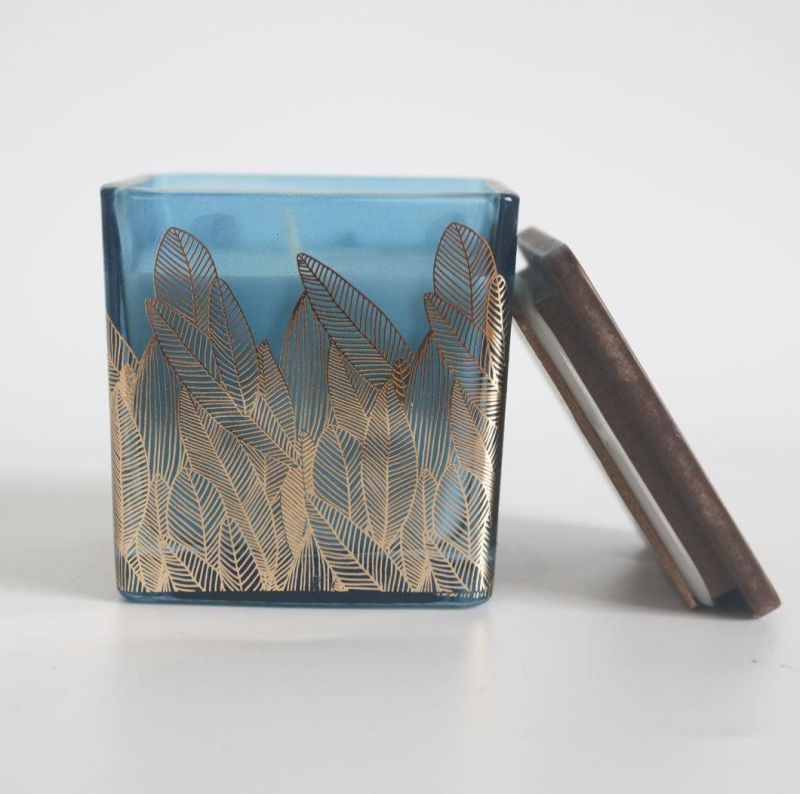 Luxury Golden Leaf Blue Square Glass Candle with Wooden Lid