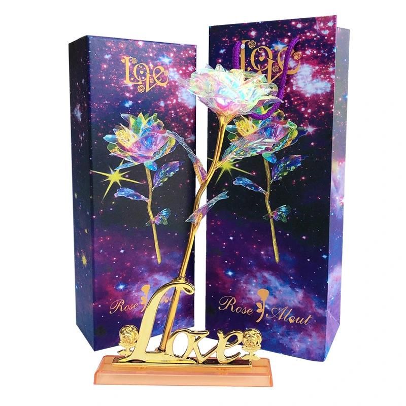 Valentine′s Day Rainbow Galaxy Artificial Crystal Rose Starry Sky 24 Gold Plated Rose Gold Foil Rose Flowers Valentines Day Gift