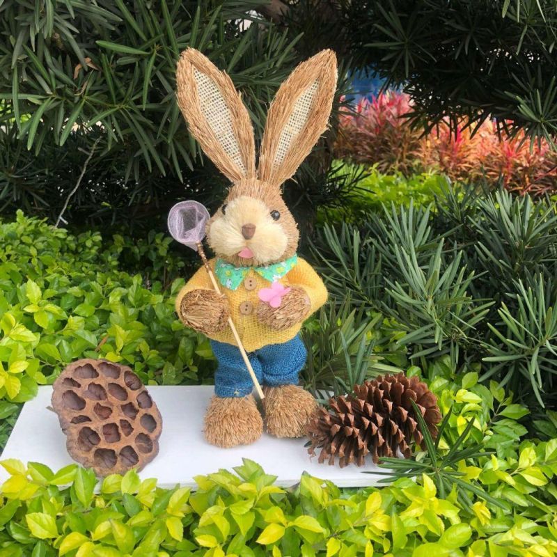 Handmade Straw Woven Rabbit Home Shop Decoration Pastoral Gifts Wedding Window Outdoor Shooting Props Easter Craft Animal Toys Long Ear Easter Bunny Rabbit Toy