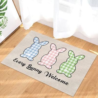 Plaid Rabbit Entrance Door Mat, Happy Easter Bunny Low Profile Tradition Decor Welcome Mat, Non-Slip Carpet Rugs Floor Mat