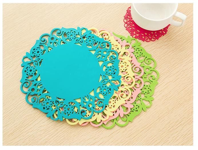 Silicone Table Heat Resistant Mat Cup Coffee Coaster Colorful Lace Flower Hollow Design Round Cushion Placemat Pad