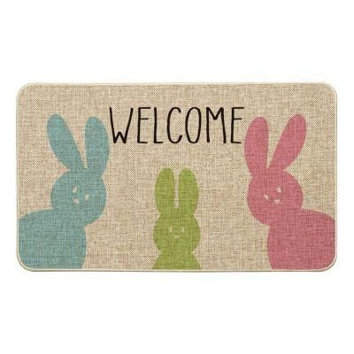 Welcome Easter Rabbits Elegant Decorative Doormat, Seasonal Spring Easter Farmhouse Holiday Low-Profile Floor Mat Switch Mat