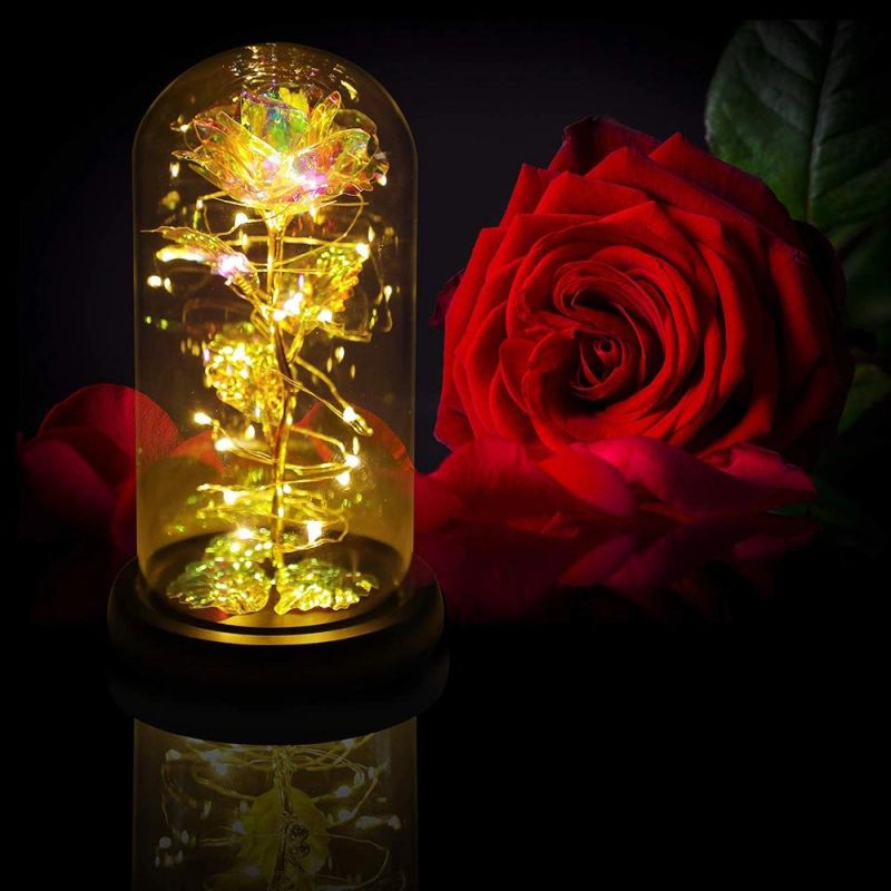 3 Leaves Beauty Beast Rose in Glass Dome Wooden Base Valentine′s Gifts LED Rose Lamps Christmas Galaxy Rose Glass Dome