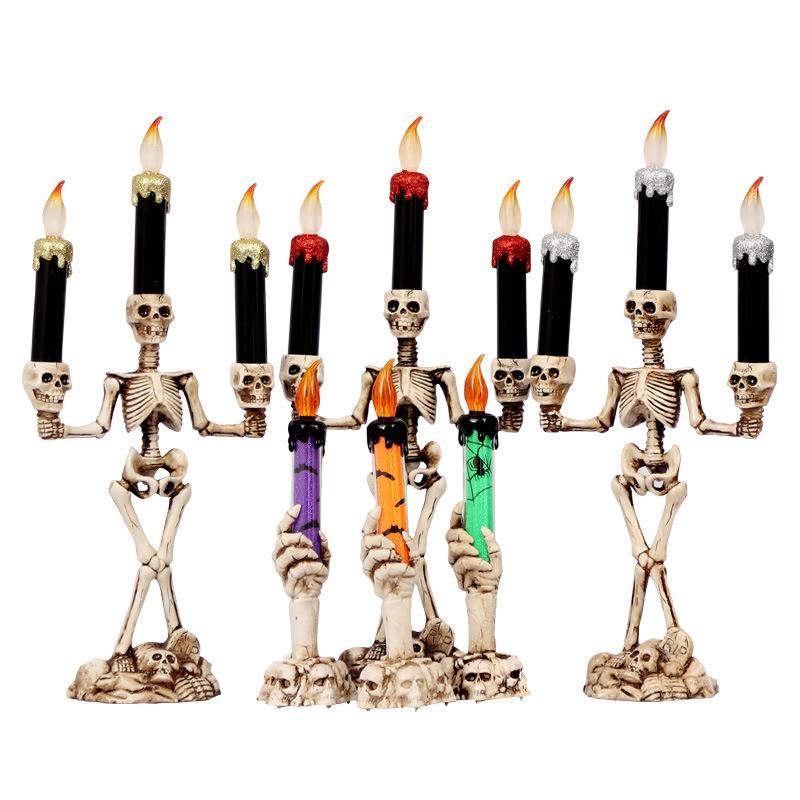 Halloween 3 Candles Holder Candelabra Skull Skeleton Table Candlestick Home Decoration LED Candles