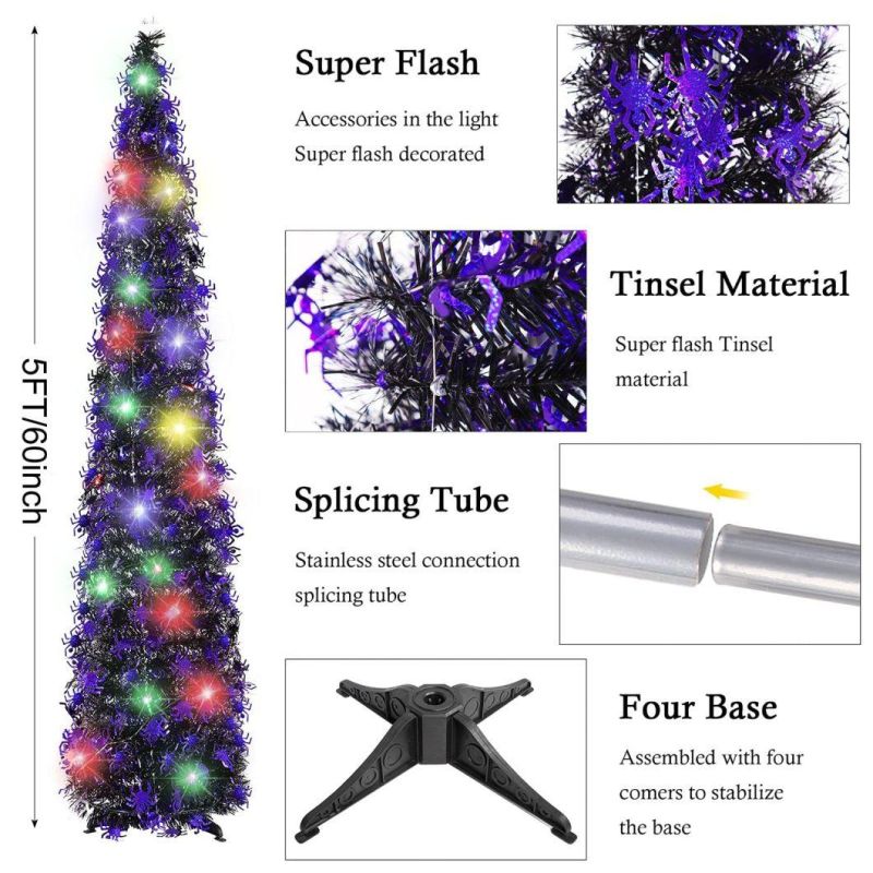 5 Foot Black Tinsel Halloween Christmas Tree with 50 Color Lights - Collapsible Pop up Spider Sequin Artificial Pencil Halloween Tree Decorations for Home Firep