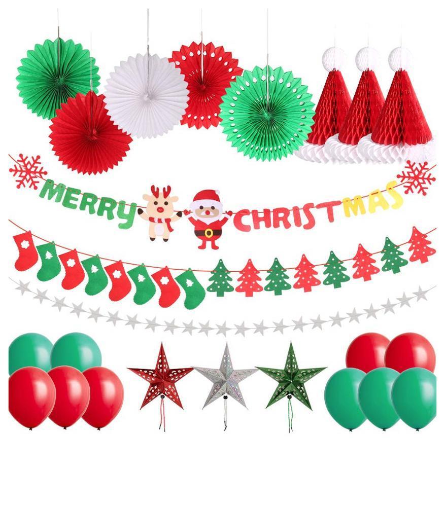 Merry Christmas Banner Christmas Party Supplies Decoration Hat Star Garland Bunting Paper Fans Honeycomb Xmas Tree