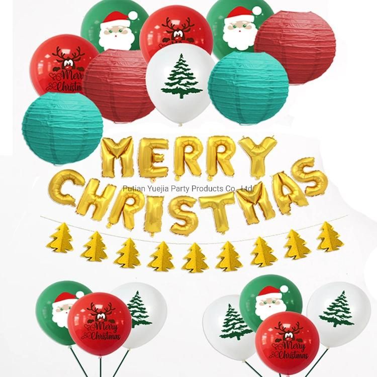 Merry Christmas Banner 3D Tree Garland Bunting Paper Lantern Foil Latex Balloon Decoration Set Party Supplies