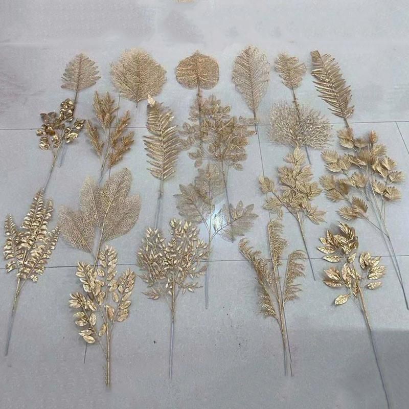Glitter Powder Gold Leaves Shape Picks for Christmas Party Decorations