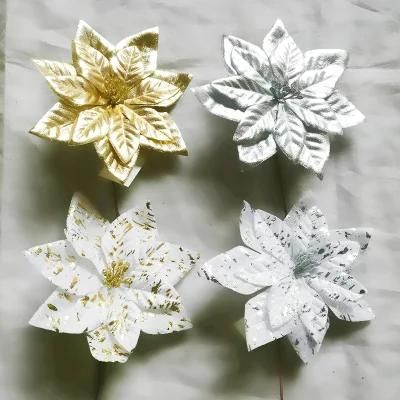 Hot Selling White Cotton Artificial Christmas Flowers Poinsettia for Decoration Xmas Ornament