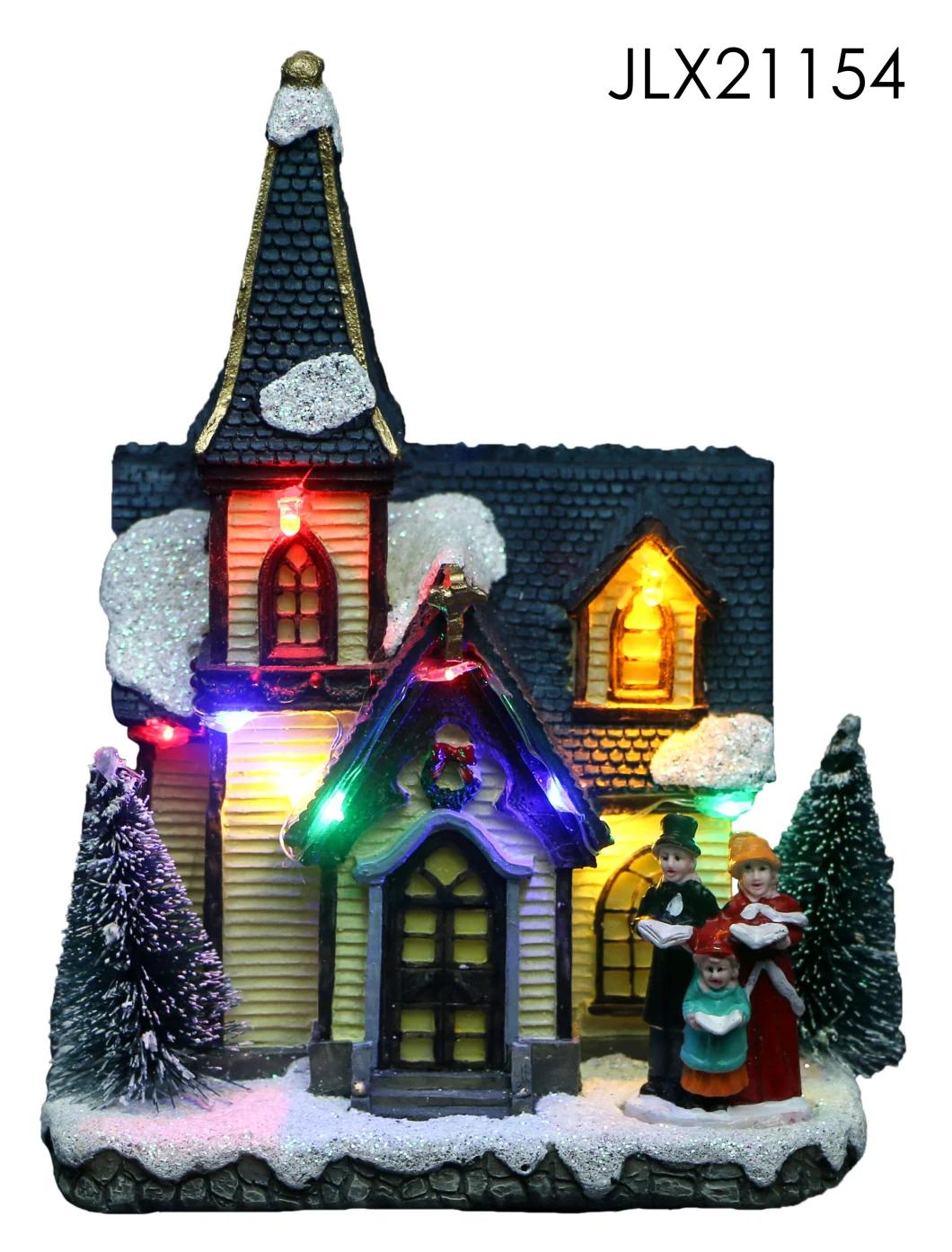 New Design Christmas Village House with LED Lights with Water Wheel Spin and Three Person Roller Skates with Music