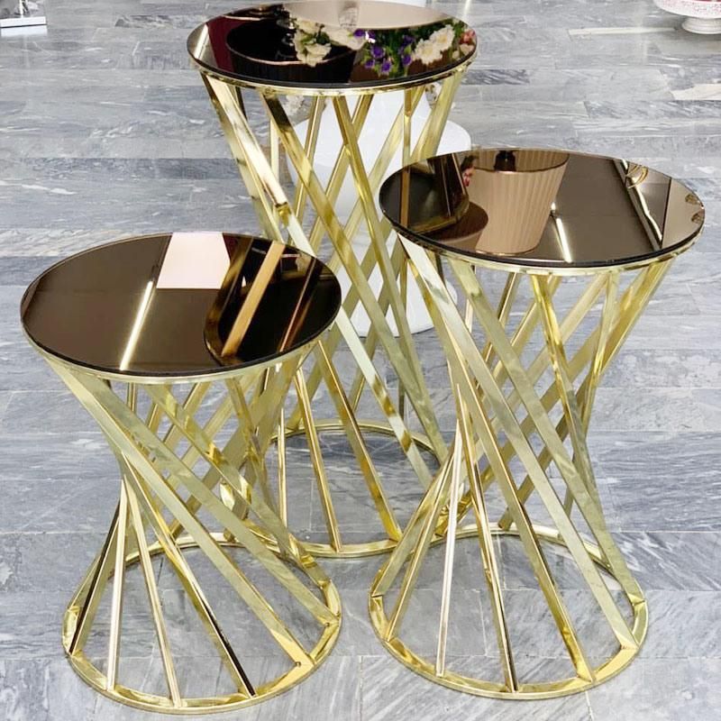 New New Activity Furniture Mirror Glass Top Stainless Steel 3 Piece Set Wedding Cake Table