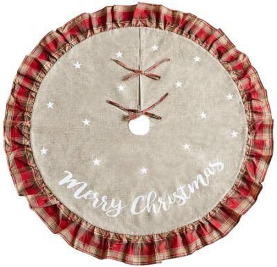 Red Plaid Grey Linen Burlap Xmas Tree Skirt for Holiday Christmas Decorations