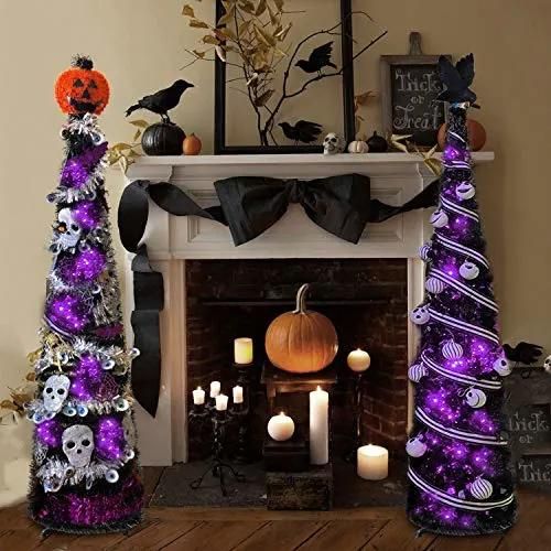 5′ Slim Black Tinsel Pop-up Artificial Halloween Christmas Tree, Decoration Halloween Christmas Trees