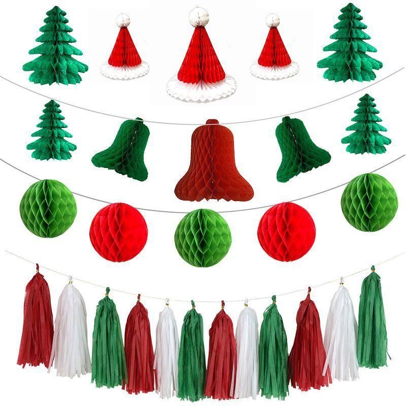 Wholesale Christmas 3D Decoration Pendant Honeycomb Pull Flower Ball Hang Flag Christmas Hat Christmas Book Bell Snowman Holiday Decoration High Quality Amazon