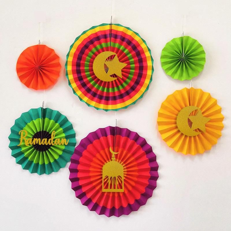 Muslim Islamic Eid and Ramadan Party Decoration Gold Color DIY Ramadan Mubarak Paper Fan with Moon Letter Decorations