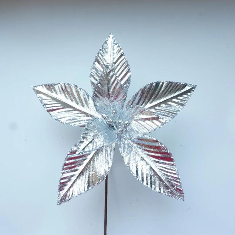 Silver Poinsettia Flowers for Christmas Tree Decoration Glitter Flowers