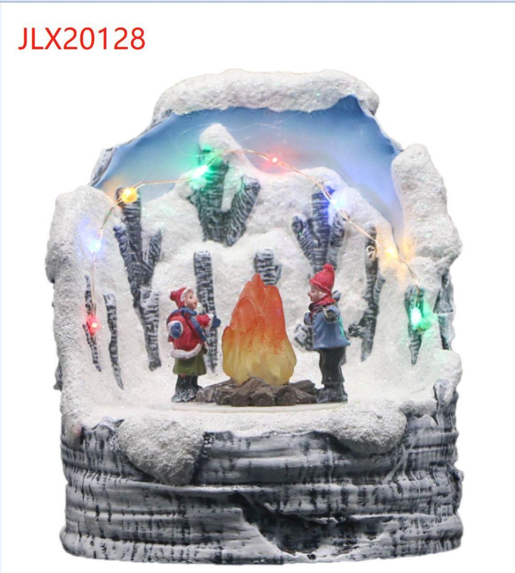 Polyresin Holiday Decor Fiber Optic Reindeer Sleigh Scene LED Illuminated Musical Christmas Village Houses Decoration with 8 Xmas Songs