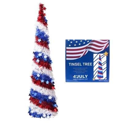 Pop up Pencil Tree with Sequin Star Ornaments Garland, Tinsel Tree for Independence Day Decoration, Collapsible Christmas Tree