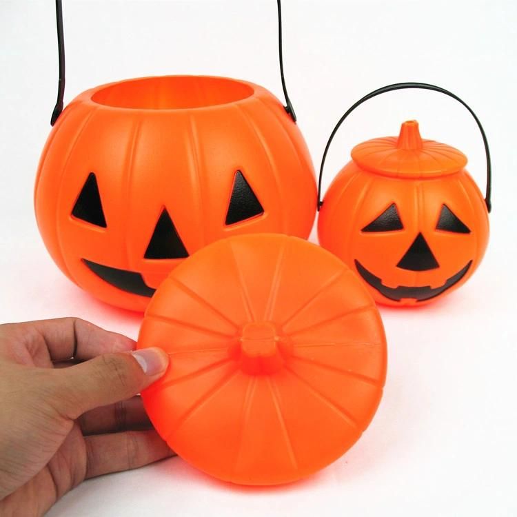 Halloween Glowing Decorative Plastic Portable Jack-O-Lantern Candy Jar for Children′s Performance Props with Lid Pumpkin Bucket