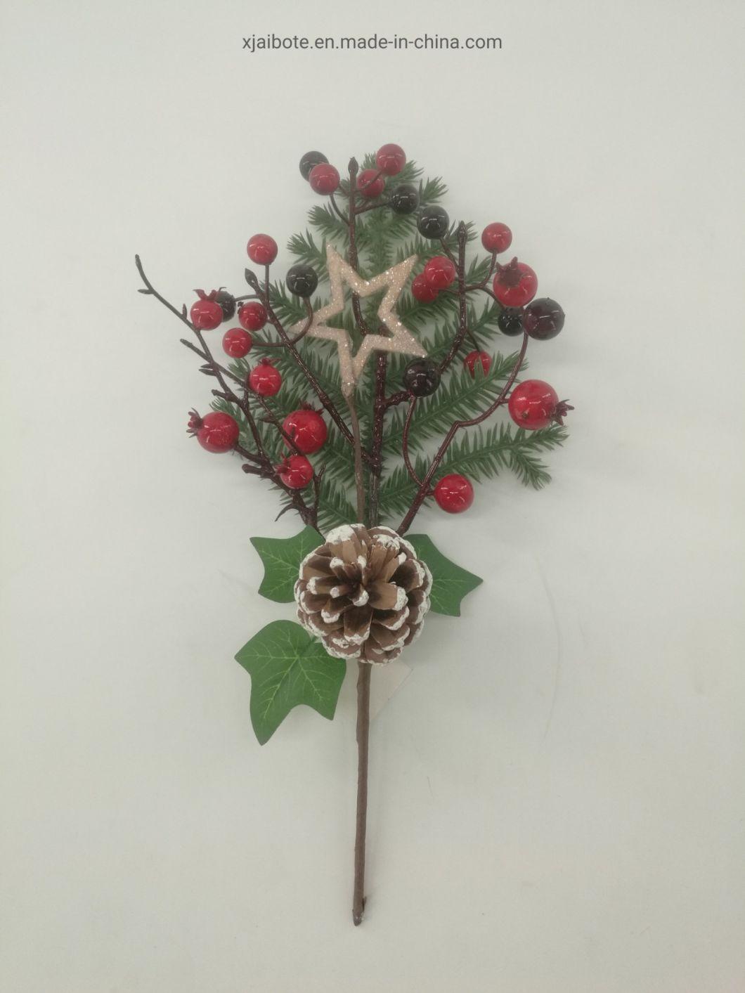 Modern Design Christmas Ornaments Tree Leaves Artificial Plastic Wire Red Fruit Festival Decorations