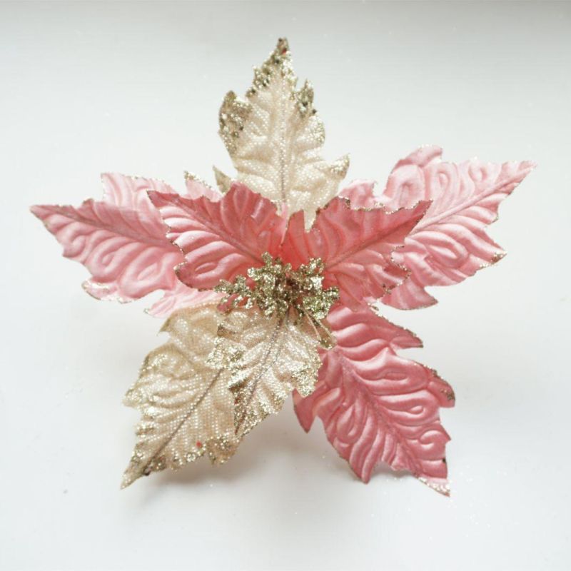 Pink Custom Poinsettia Artificial Flowers Stem Christmas Floral Picks Wholesale