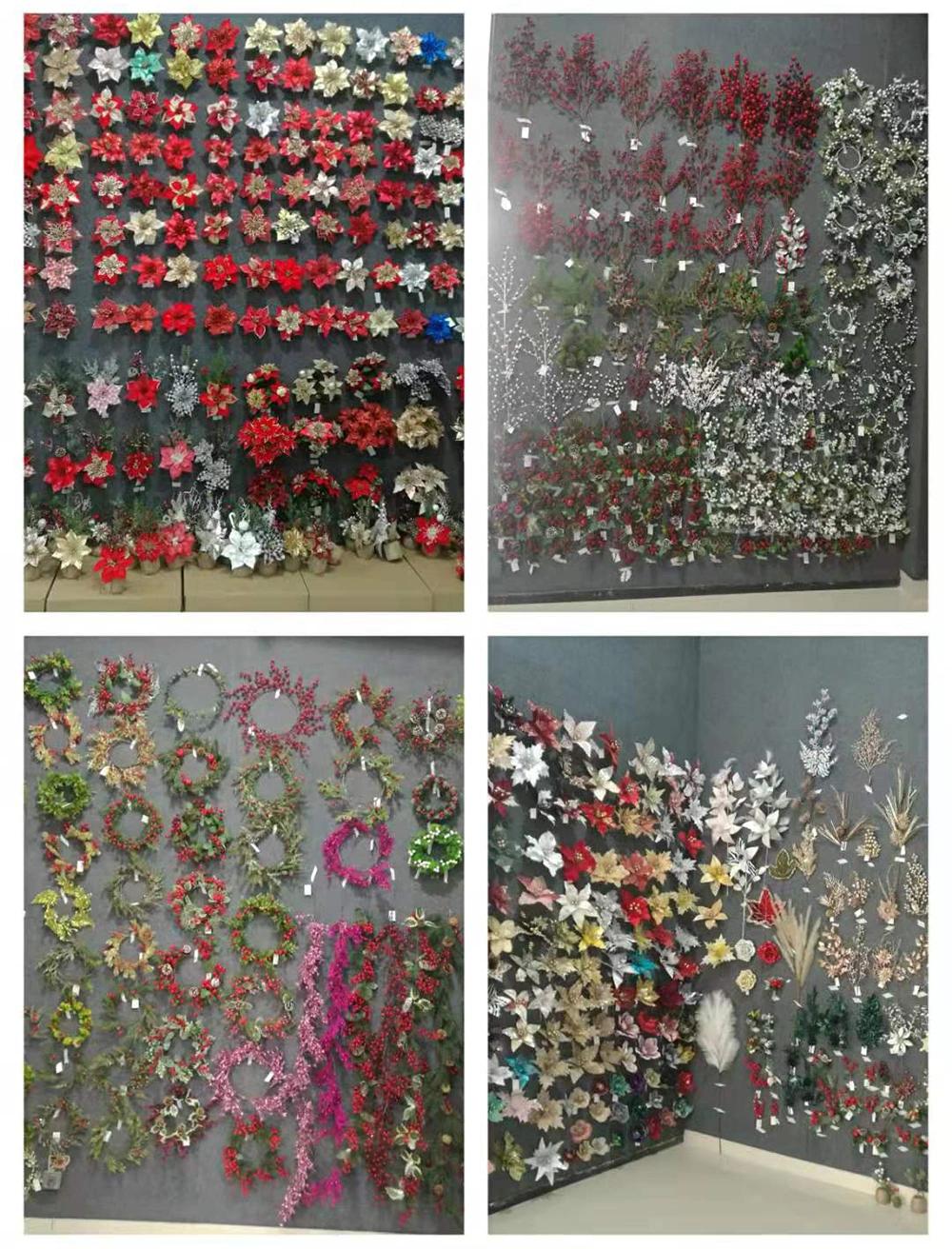 Handmade Artificial Long Single Stem Glitter Christmas Poinsettia Decorative Flowers for Christmas Decoration Artificial Flower