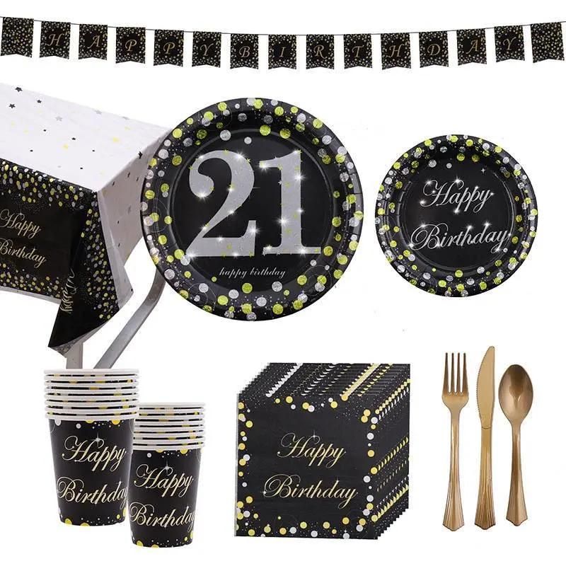 Party Decorations Black Gold Happy Birthday Party Paper Cup Paper Plate Napkin Disposable Tableware Party Set