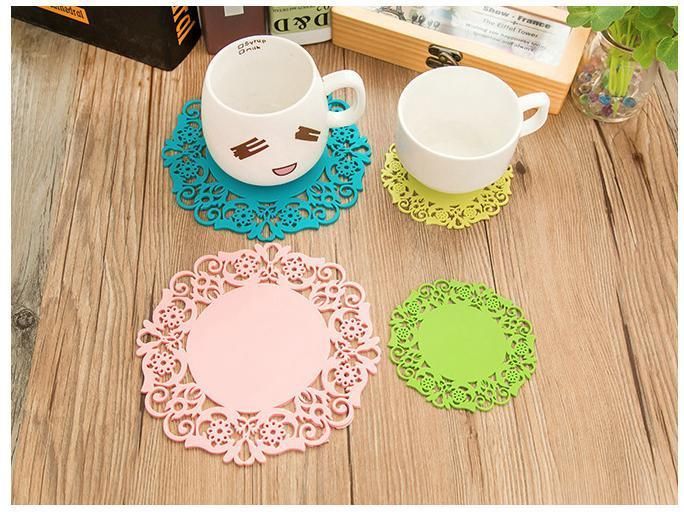 Silicone Table Heat Resistant Mat Cup Coffee Coaster Colorful Lace Flower Hollow Design Round Cushion Placemat Pad