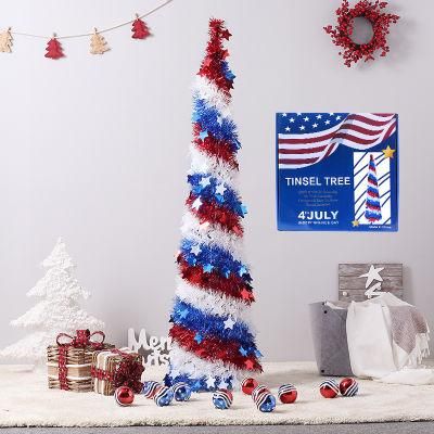 Red White Blue Tinsel Tree for Independence Day Decoration, Pop up Pencil Tree, Collapsible Christmas Tree for Indoor Outdoor Home Party Supplies