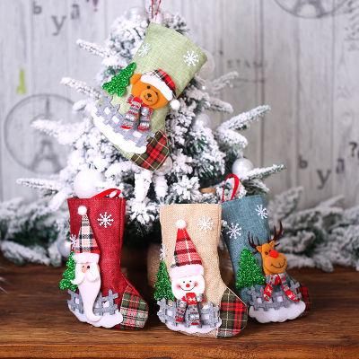 Christmas Decorations Santa Claus Socks Plaid Dolls Linen Socks Christmas Tree Pendant Display a Christmas Gift Bag